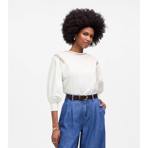 Madewell Tops - Madewell Embroidered Poplin Balloon-Sleeve Top Women White Cotton Medium